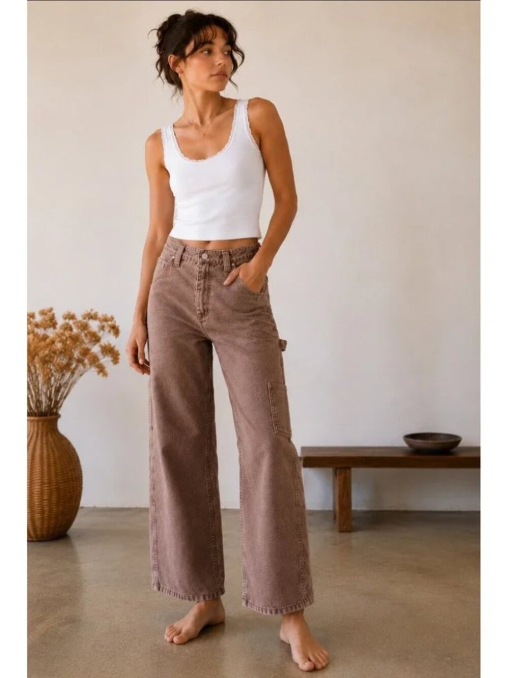 Lisa Says Gah Brown Carpenter Pants Wide Leg Cotton Utility Trousers Size 2